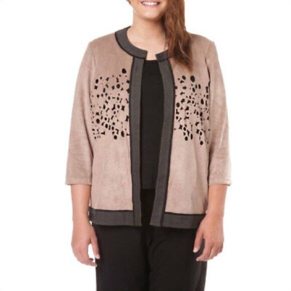 Ming Wang Heritage Laser Cut Faux Suede Open Jacket M Tan Black EUC - Picture 1 of 15